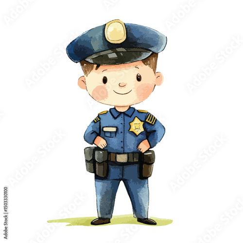 Smiling Cartoon Police Officer in Uniform with Badge and Hat