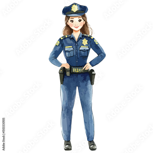 Smiling Cartoon Police Officer with Hands on Belt Wearing Dark Blue Uniform