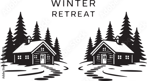 Black and white illustration of two cozy cabins surrounded by snow-covered trees with "Winter Retreat" text, perfect for winter vacation and holiday-themed designs.