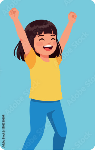 Happy young girl celebrating with raised arms in casual clothes vector illustration 