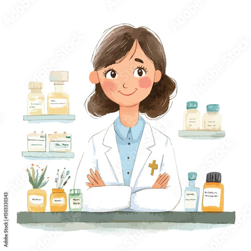 Smiling Pharmacist Surrounded by Medicine Bottles and Medical Supplies Watercolor Illustration