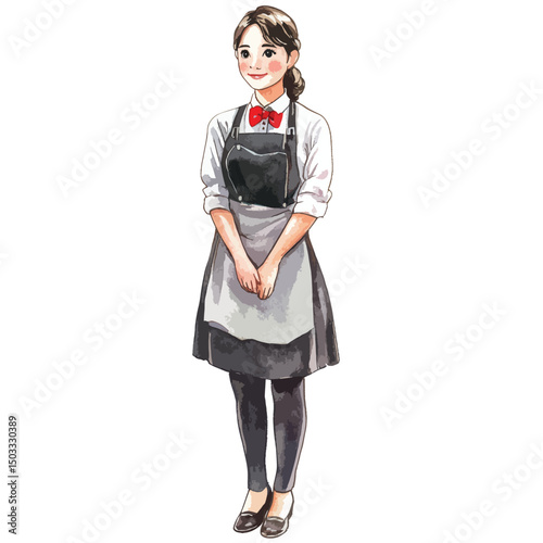 Smiling Waitress in Uniform with Red Bow Tie and Apron