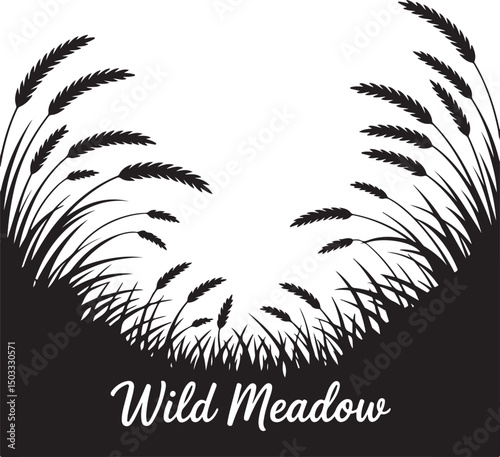 Black and white silhouette of wheat stalks with 