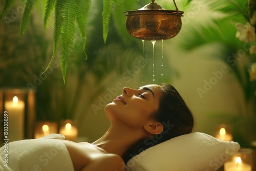 Luxurious Spa Scene: Woman Relaxing, Wellness & Shirodhara Treatment.