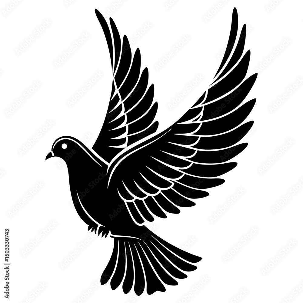 Fototapeta premium Peaceful Dove silhouette vector icon, depicted in gentle flight with wings gracefully spread. This clean, black graphic is a timeless symbol of peace, hope, and love. Perfect for wedding invitations, 