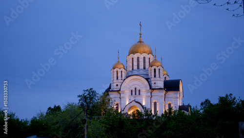 Church of Saint George in the city of Samara. Russia. A working cathedral of the Russian Orthodox Church. Panoramic evening view of the church.