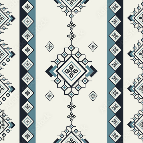 Seamless tribal vertical stripe pattern with Navajo-inspired diamonds in ivory, black, and dusty teal. Ideal for textiles, fabrics, and home decor.