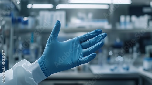 FDA-approved AI software assists in quality medicine and assurance for food and drug administration.  This concept, depicted with a blue-gloved hand against a lab background
