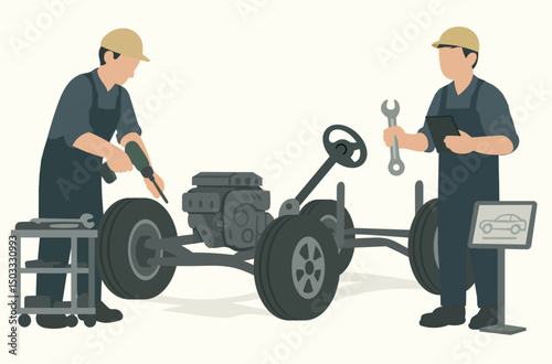 Illustration of technicians working in the automotive industry, focusing on car assembly and car manufacturing using tools and engine components.