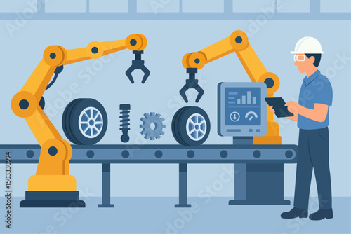 Illustration of an automotive industry setting featuring robotic assembly arms in a car manufacturing process.