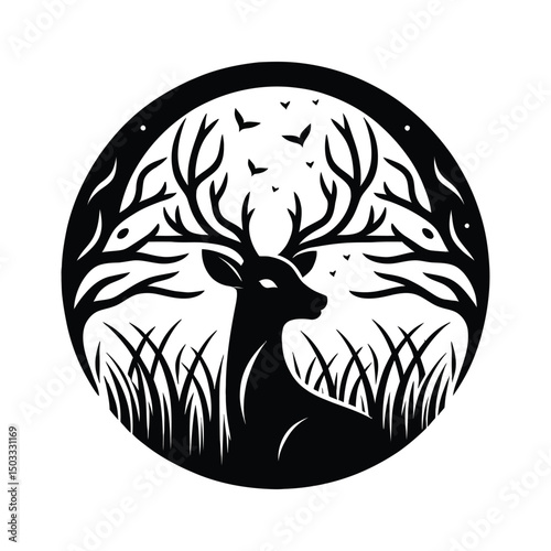 a black and white deer with a tree in the background