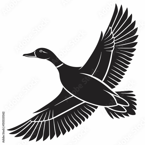 Familiar Duck silhouette vector icon, depicted in a characteristic flying pose with outstretched neck. This clean, black graphic is ideal for nature scenes, hunting themes, or rural designs.