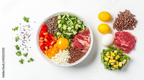 Healthy pet food featuring natural ingredients.  A bowl of dry kibble sits beside raw meat, veggies, eggs, and salad, illustrating a balanced diet for your furry friend.
 