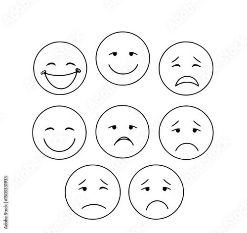 Mood Emoticons: A collection of simplified emoticons, capturing a range of feelings from joy to sadness, perfect for illustrating emotions and expressions.