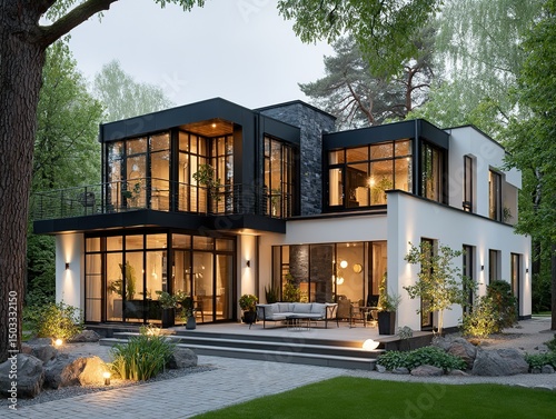 Modern Two-Story House with Panoramic Windows - Minimalist Architecture Featuring Balcony Garden and Evening Lighting photo