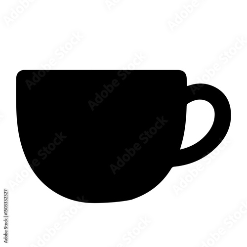 A simple black silhouette illustration of a coffee mug.