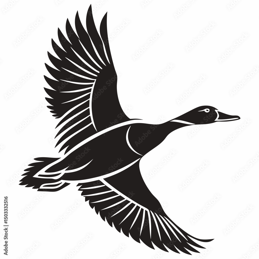 Obraz premium Familiar Duck silhouette vector icon, depicted in a characteristic flying pose with outstretched neck. This clean, black graphic is ideal for nature scenes, hunting themes, or rural designs.