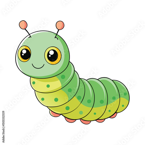A cheerful light green cartoon caterpillar with yellow details smiling on a white background