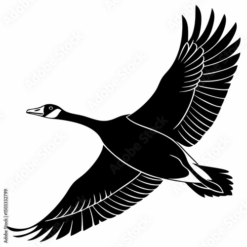 Strong Goose silhouette vector icon, captured in flight with its characteristic long neck extended. This clean, black graphic represents migration, determination, and teamwork (even as a single icon).