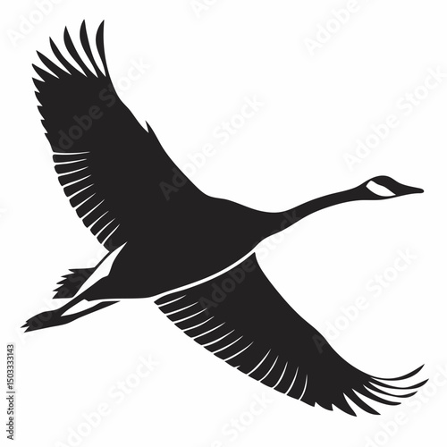 Strong Goose silhouette vector icon, captured in flight with its characteristic long neck extended. This clean, black graphic represents migration, determination, and teamwork (even as a single icon).