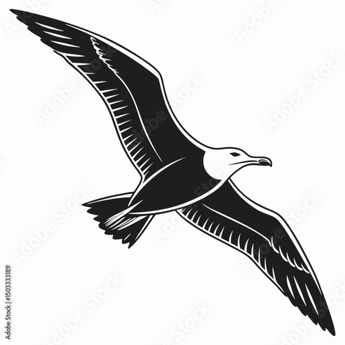 Classic Gull (Seagull) silhouette vector icon, depicted in a gliding flight common to coastal areas. This clean, black graphic features its long, angular wings, evoking seaside and maritime themes. 