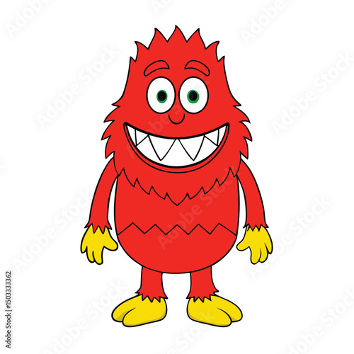 A fluffy red cartoon monster with yellow extremities is smiling widely in place