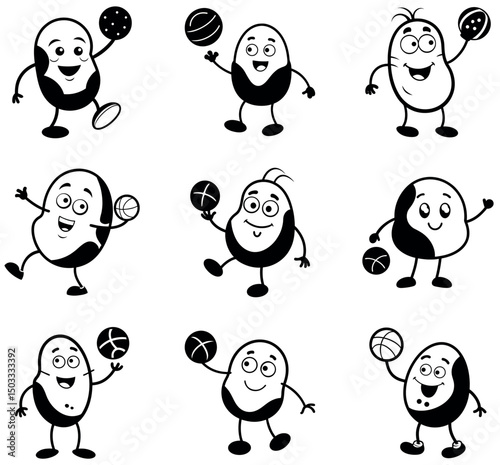 Cartoon Black and White Bean Characters Playing Basketball – Fun Legume Mascots Set