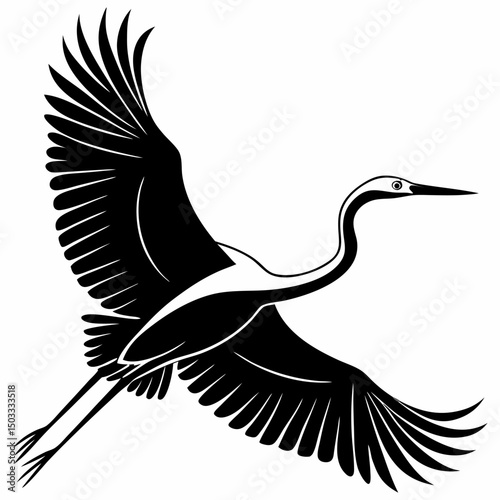 Elegant Heron/Egret silhouette vector icon, depicted in graceful flight with long legs trailing. This clean, black graphic showcases the distinctive form of these wading birds. Perfect for wetlands, 