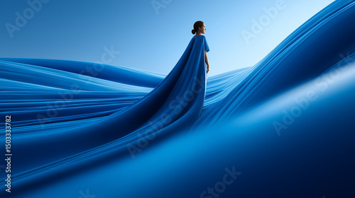 Elegante Frau in wehendem blauen Kleid steht in surrealer Wüstenlandschaft mit sanften blauen Dünen photo