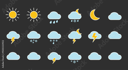 Weather icon set with sun rain clouds snow storm 