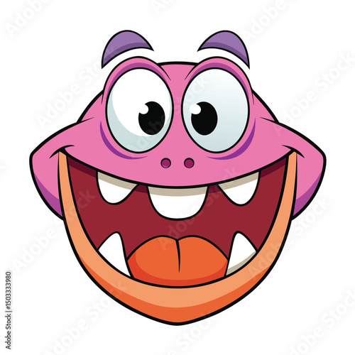 A cheerfully grinning pink cartoon monster character with huge eyes is really excited to play