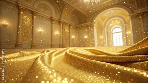 Golden Glitter Palace Sparkling Fabric Drape, Luxury Interior, event design Event Decor, Luxury Background