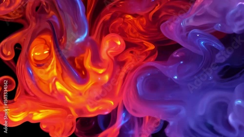 Dynamic fluid art animation featuring vibrant swirling paint in red blue and purple colors. The liquid pigments blend and flow creating mesmerizing abstract patterns