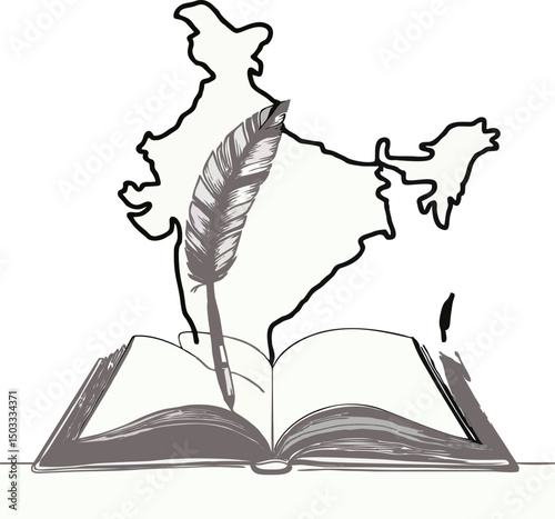 A symbolic animation portraying an open book, feather pen, and the map of India—illustrating the literary spirit and cultural influence of Rabindranath Tagore. Perfect for use in educational, poetic, 