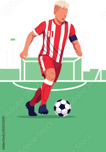 Male soccer player in red and white striped uniform controlling ball on green field vector illustration