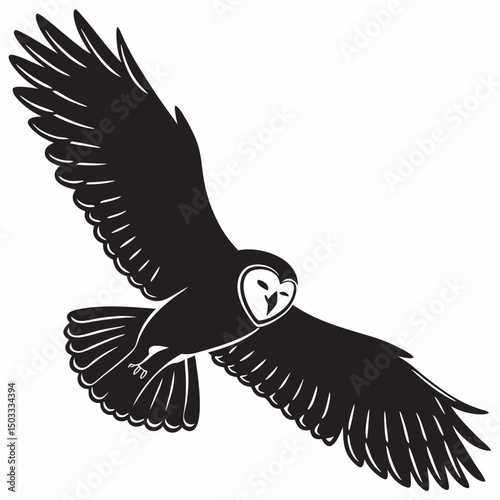 Mysterious Owl silhouette vector icon, captured in silent nocturnal flight with its broad wings extended. This clean, black graphic suggests wisdom and the night. Ideal for educational themes, Hallowe