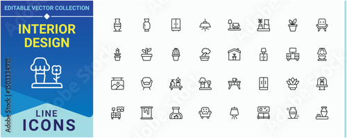 Interior Design icon set. Containing home, indoor, interior, office, living, apartment, decoration and more. Home Decor line icon set. Isolated icons. Vector artwork and illustration.