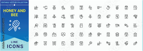Honey And Bee line icon set. Contain linear sign honeycomb, wax, hive, beekeeping, bee. Bee icon set. Minimal icons collection. Pixel perfect. Editable stroke.