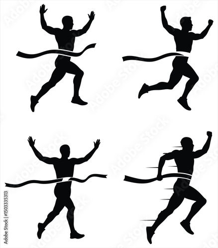 Vector Silhouette Set of Male Athletes Crossing the Finish Line in a Race, Arms Raised in Victory, Symbolizing Success, Achievement, and the Thrill of Competition in Sports.
