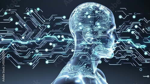 AI Artificial Intelligence Digital Human Profile with Glowing Circuit Board Networks