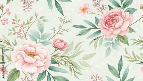 Wallpaper Mural Pastel Pink Peony Watercolor Floral Pattern, Botanical, Floral Design Torontodigital.ca