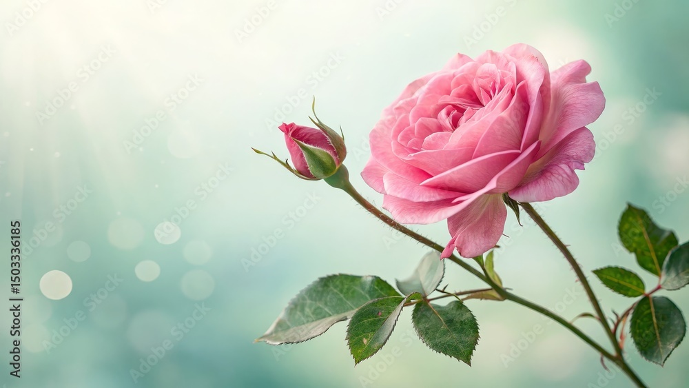 Obraz premium Pink Rose Bloom with Bud, Soft Green Background, Floral Photography Rose, Flower