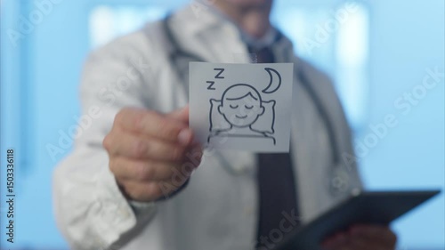 Doctor wearing lab coat and stethoscope, holding tablet and showing sleep hygiene icon on transparent board, promoting healthy sleep habits and rest
