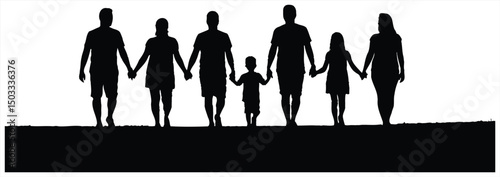 Vector Silhouette Illustration of a Happy Family of Seven Walking Together, Symbolizing Unity, Love, and Togetherness, Ideal for Themes of Family Life, Vacations, and Generations.