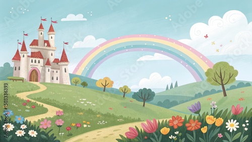 Rainbow Castle Landscape Fairytale Illustration, Castle, Rainbow Fantasy, Illustration