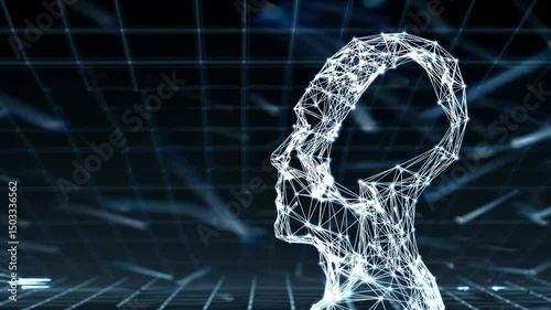 3D Wireframe Human Head Profile Animation - Artificial Intelligence Technology Concept with Digital Network Connections