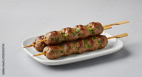 Kafta kebab skewers of beef and parsley on a restaurant table