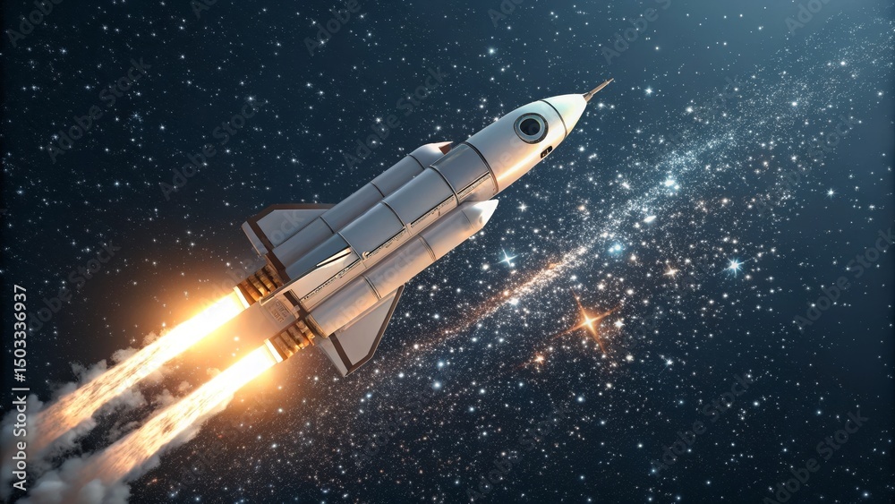 Fototapeta premium Rocket Launch into Starry Galaxy, Spacecraft, Cosmic Flight, Space Exploration Space travel, Astronomy