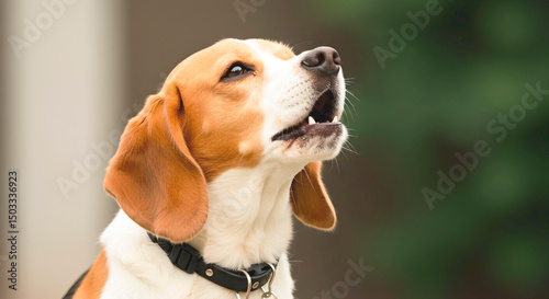 Beagle dog howling while looking up in outdoor setting  