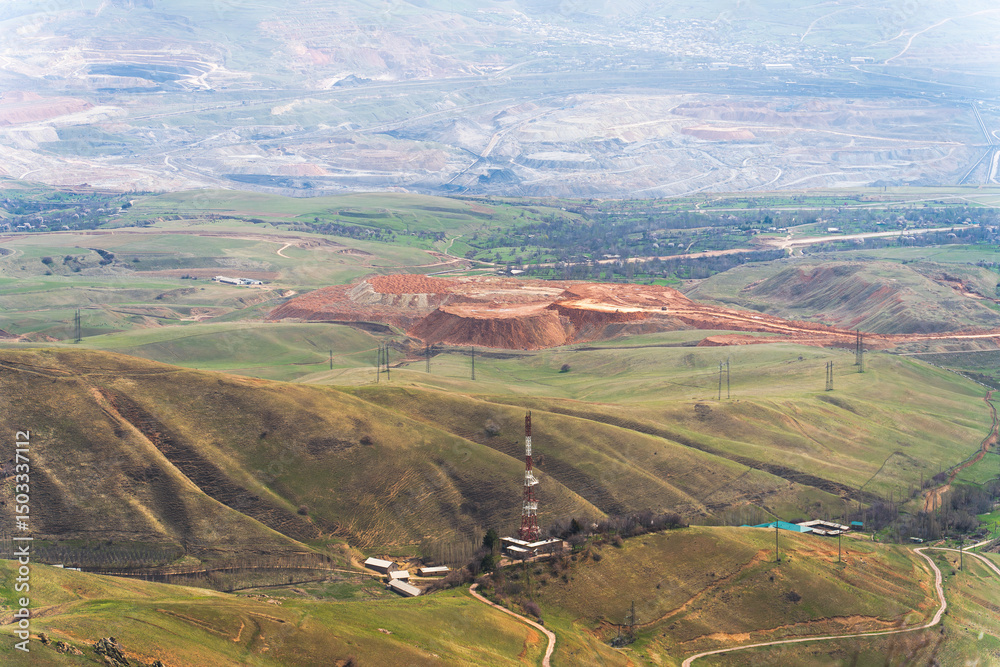 Naklejka premium Aerial view of open pit mining near Angren, Uzbekistan, in Spring.